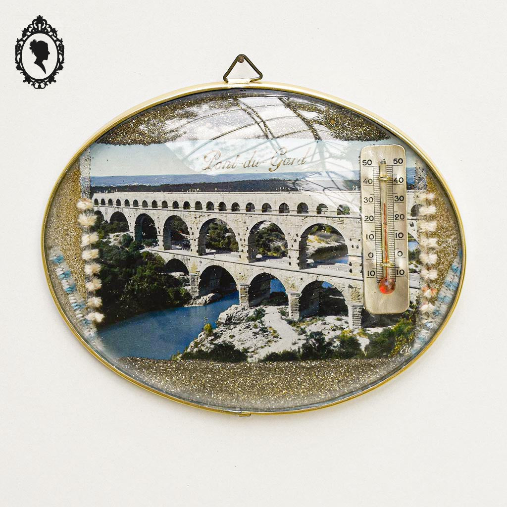 Cadre verre bombé ovale ovoïde thermomètre carte Pont du Gard vintage 18 x 15 cm