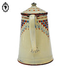 Cafetière émaillée ancienne beige bleu rouge orangé style Lustucru objet de cuisine vintage