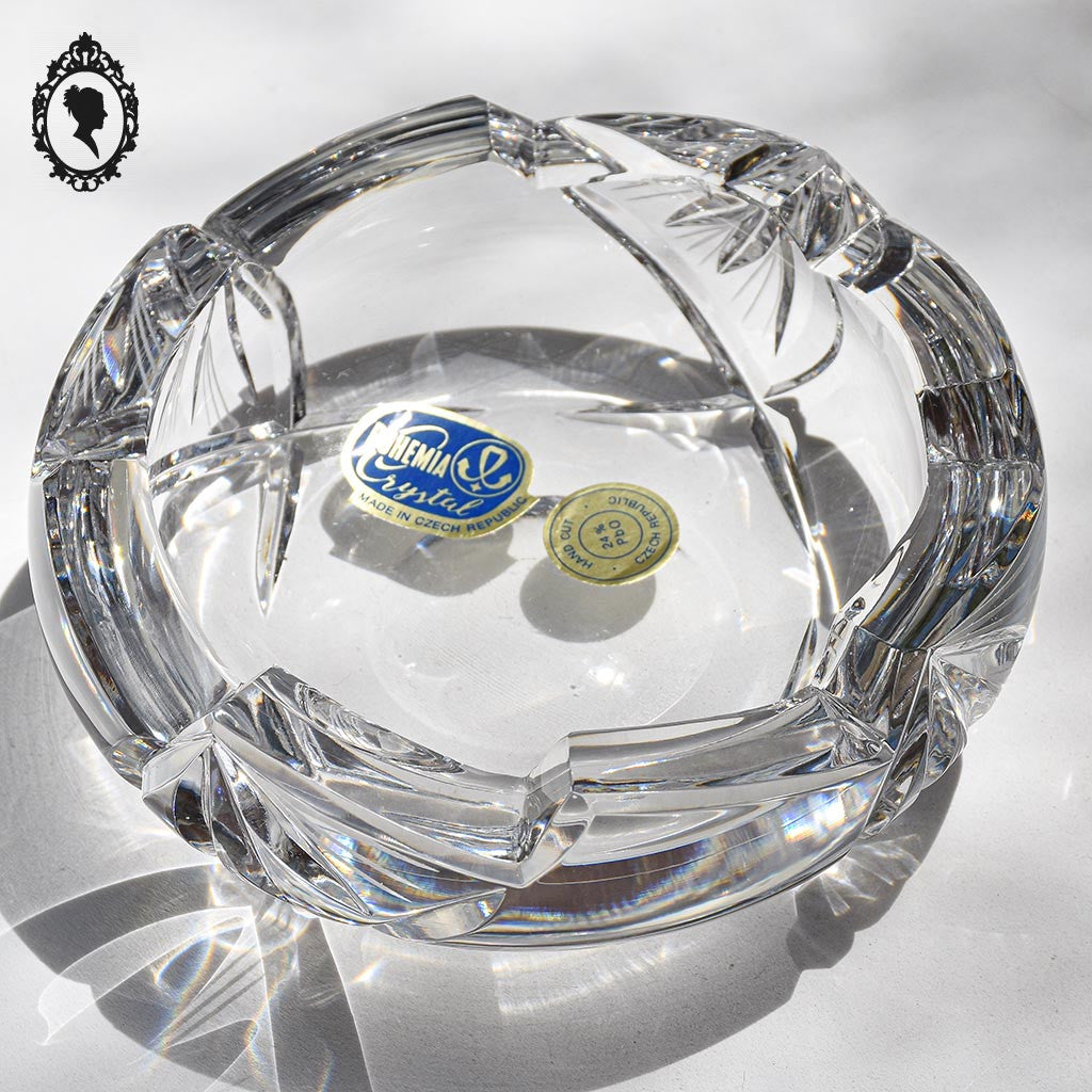 Cendrier Bohemia crystal blanc épais rond ciselé vintage