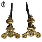 Chenets longs en bronze doré boule arabesques arrondies accessoire de cheminée ancien