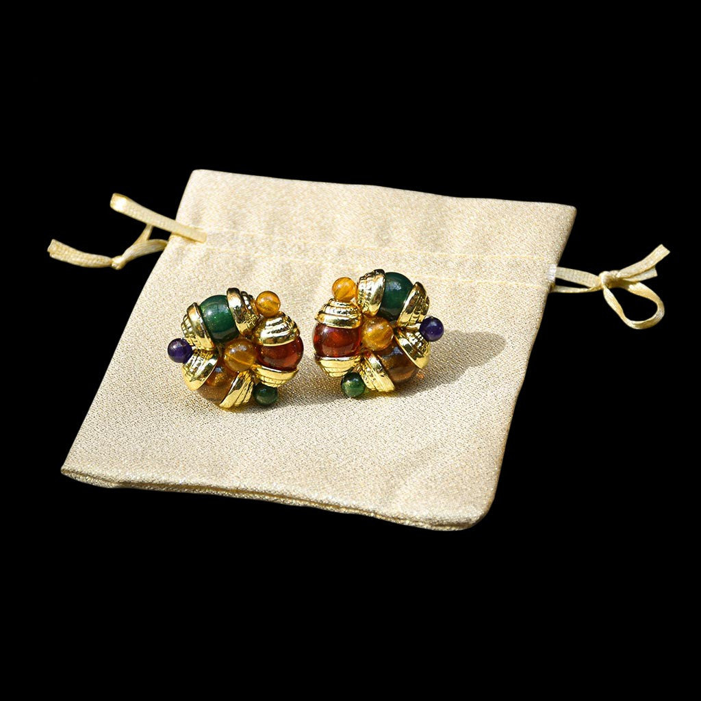 Chic boucles d’oreilles clips métal doré boules perles colorées vintage