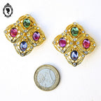 Boucles d’oreilles clips métal doré losange perles cabochon vintage