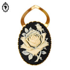 Chic broche attache à foulard camée fleurie noir beige sur métal doré bijou fantaisie