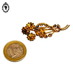 Chic broche fleurie avec strass verroterie orange beige en métal doré vintage ancien