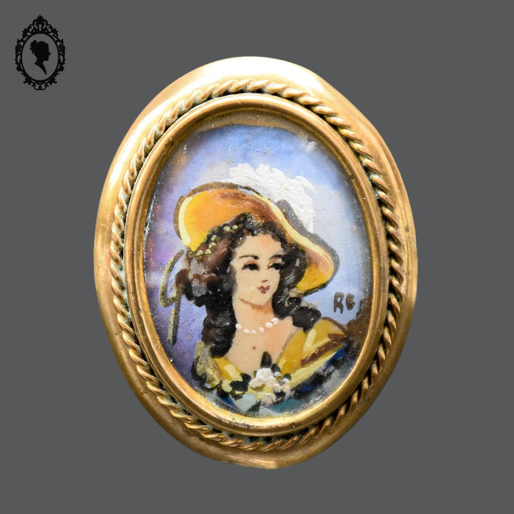 Chic broche peinture ovale portrait signée RC et laiton doré bijoux ancien vintage