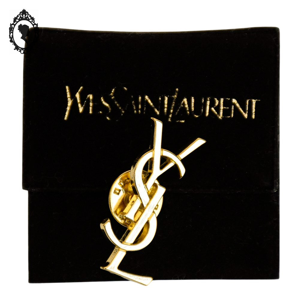 Chic broche pin’s logo initiales YSL d’Yves Saint Laurent Paris bijou doré vintage