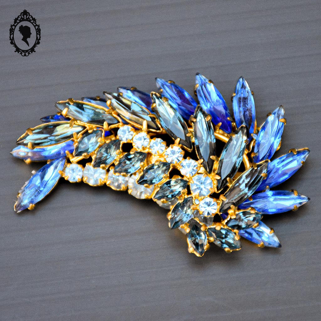 Chic broche strass bleu forme épis métal doré bijoux ancien vintage