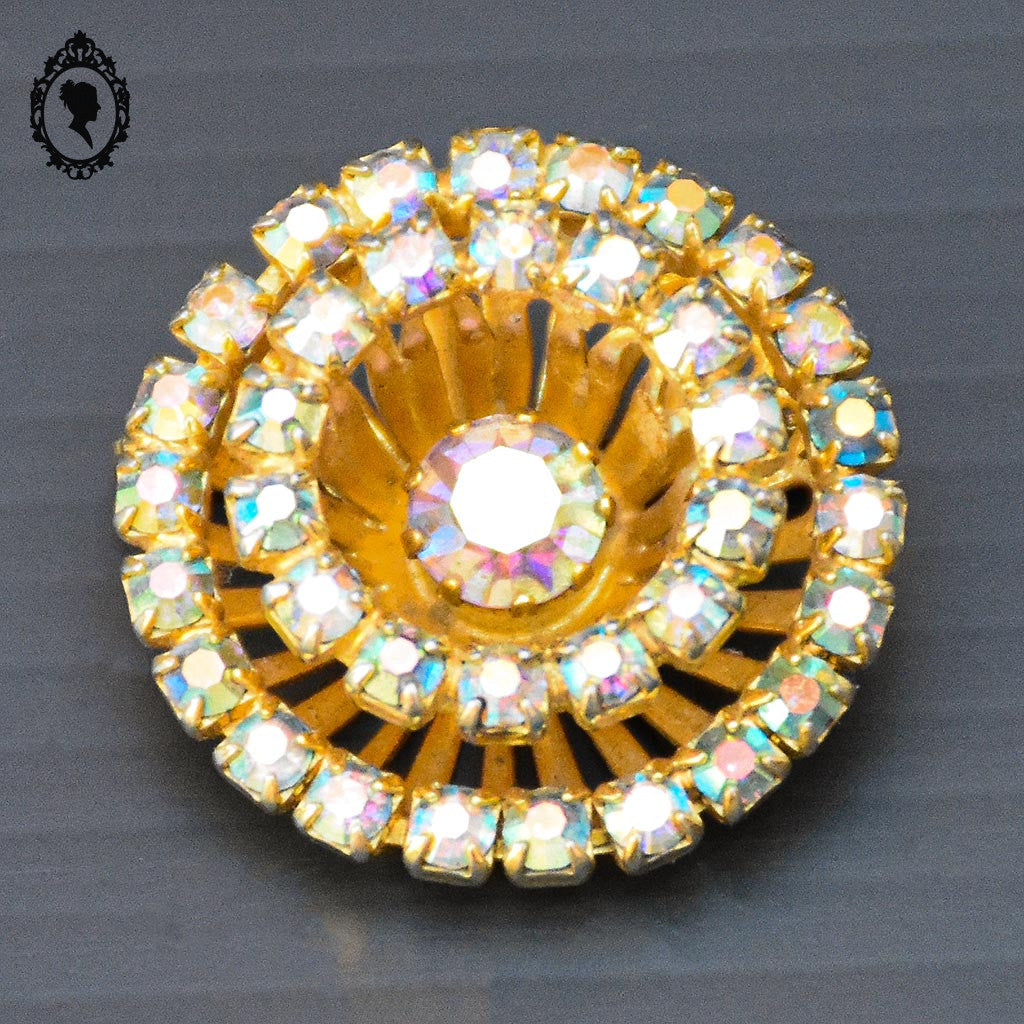 Chic broche strass cristal aurore boréale multi couleur ronde métal doré bijoux ancien vintage