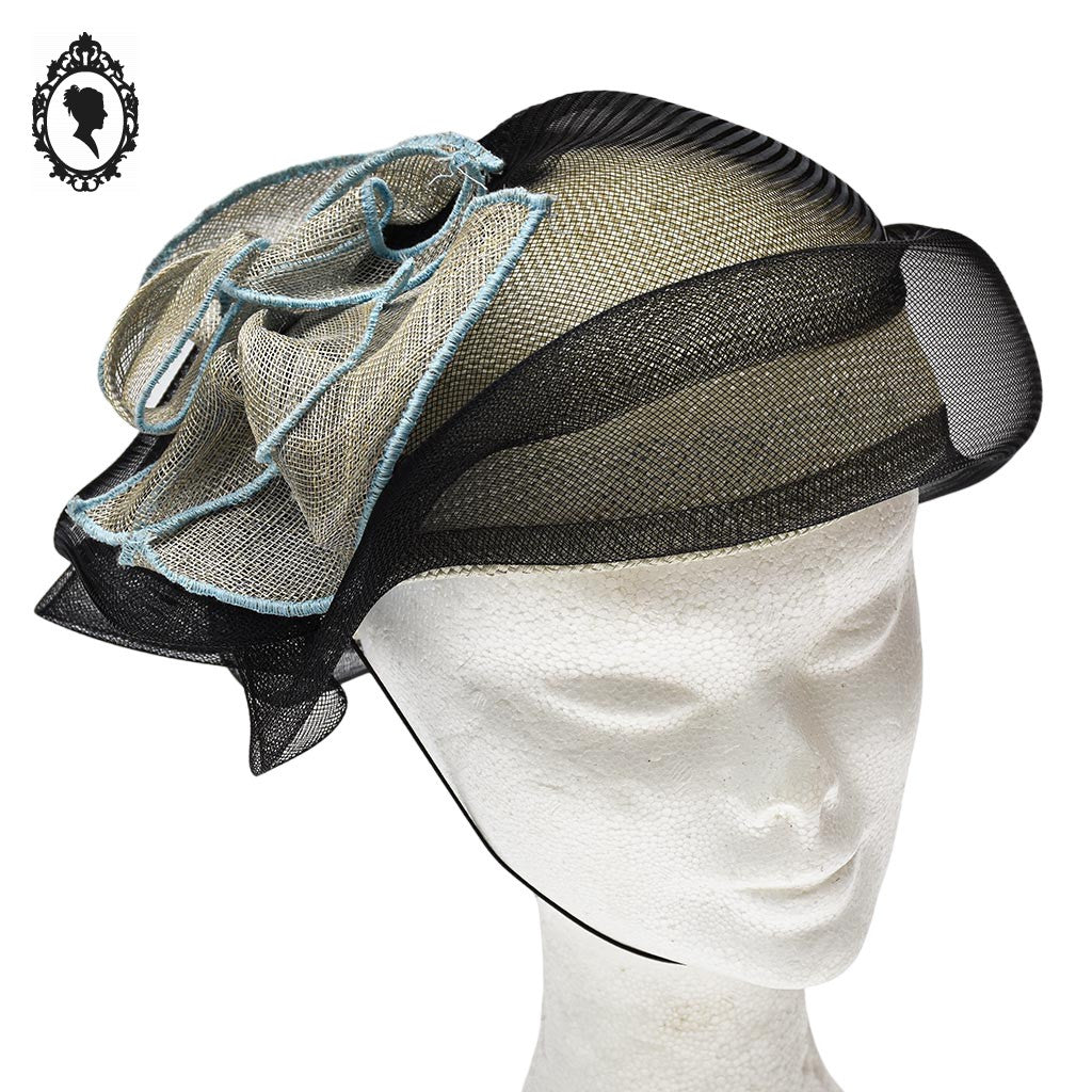 Chic chapeau été femme beige noir bleu fibre naturelle T M / 57 cm