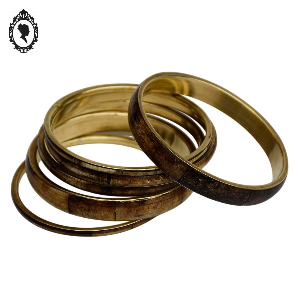 Chic ensemble 6 bracelets rigides joncs laiton effet bois vintage