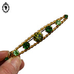 Chic longue broche strass verroterie vert en métal doré vintage ancien