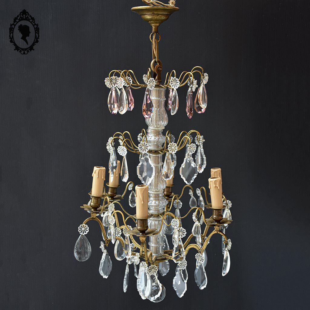 Chic lustre à pampilles bronze doré 6 feux enfilage verre ancien
