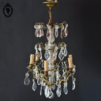 Chic lustre à pampilles bronze doré 6 feux enfilage verre ancien