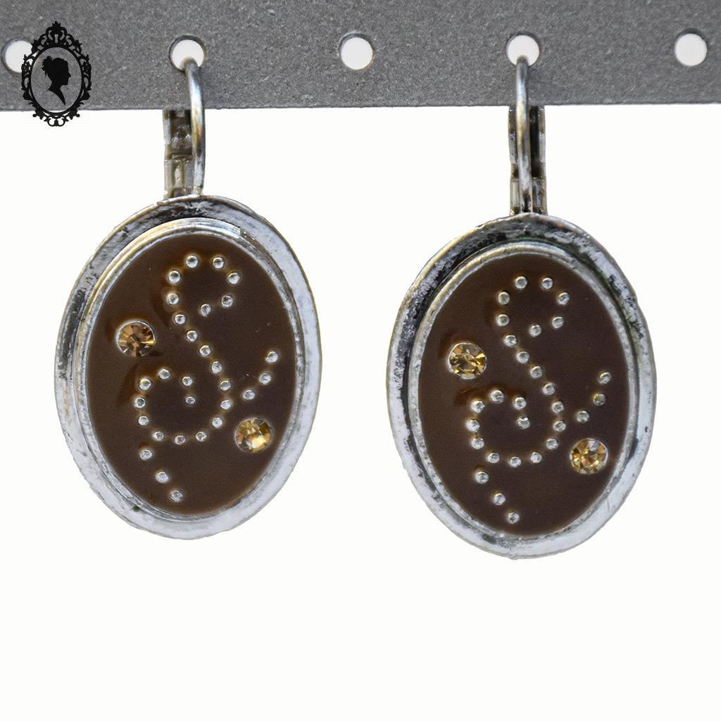 Chic paire de boucles d’oreilles pendantes marron strass S métal gris neuf