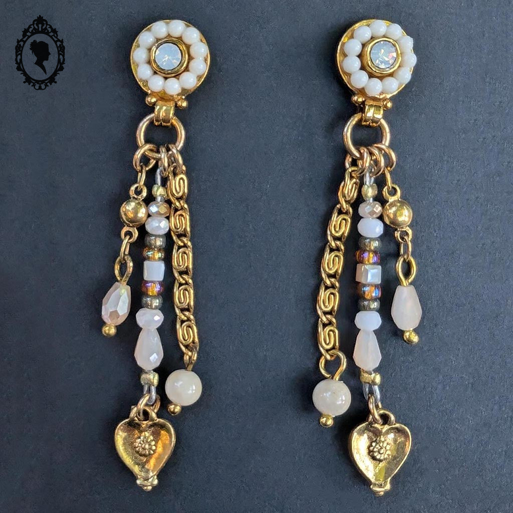 Chic paire de boucles d’oreilles percées pendantes beige doré bijoux Statu Quo