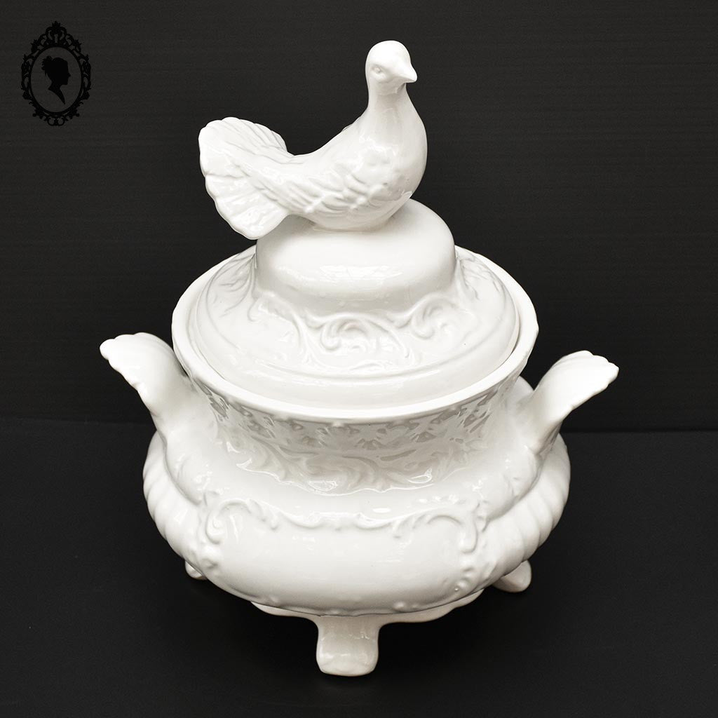 Chic soupière porcelaine blanche oiseau colombe Italie vintage