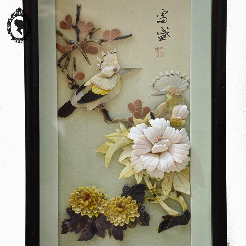 Chic tableau cadre à relief chinois asiatique vert noir oiseau fleur en coquillage vintage