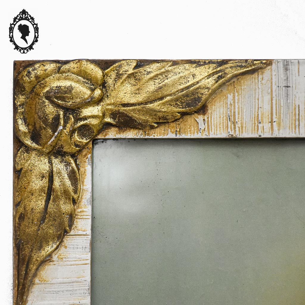 Chromo Sacré cœur de la Vierge Marie dans cadre bois sculpté beige et doré H 56 cm Art nouveau
