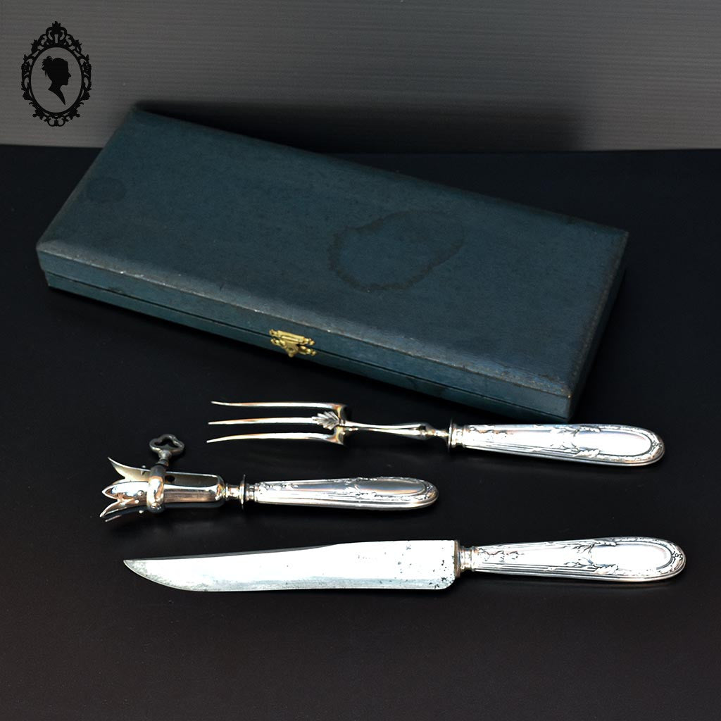 Coffret 3 couverts service complet à découper gigot argent fourré décor Louis XV ancien XIX ième