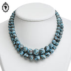 Collier ancien art déco 2 rangs de perles bleu porcelaine émaillée effet marbré