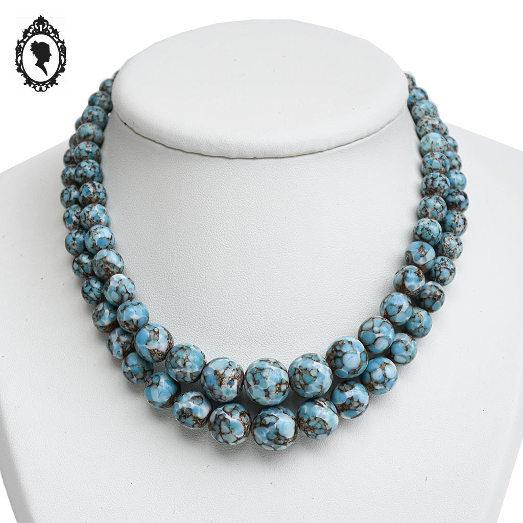 Collier ancien art déco 2 rangs de perles bleu porcelaine émaillée effet marbré