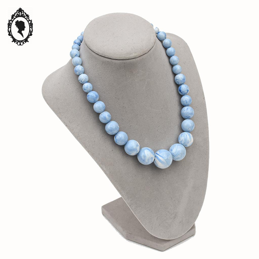 Collier bleu et blanc marbré perles rondes ras de cou en cascades vintage