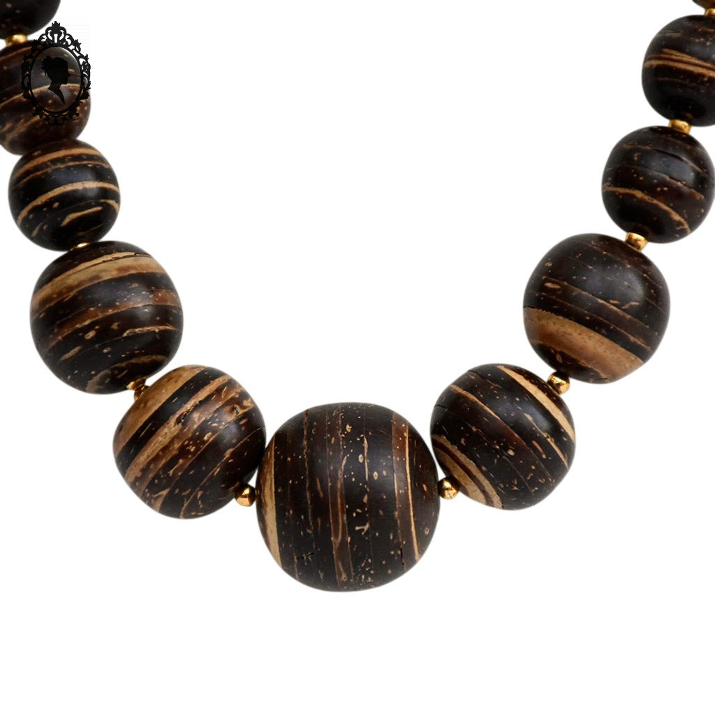 Collier cascade perles rondes en bois marron et doré style bohème nature chic vintage