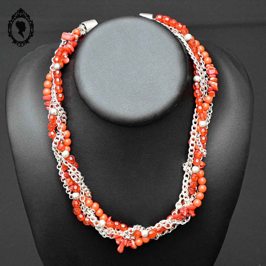 Collier rouge pierre corail 5 rangs fantaisie vintage