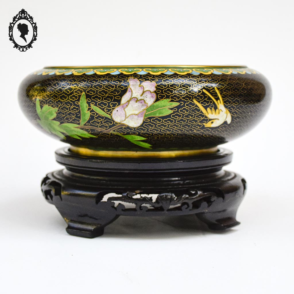 Coupe chinoise en email émaux cloisonnés noir laiton D 18 cm vintage
