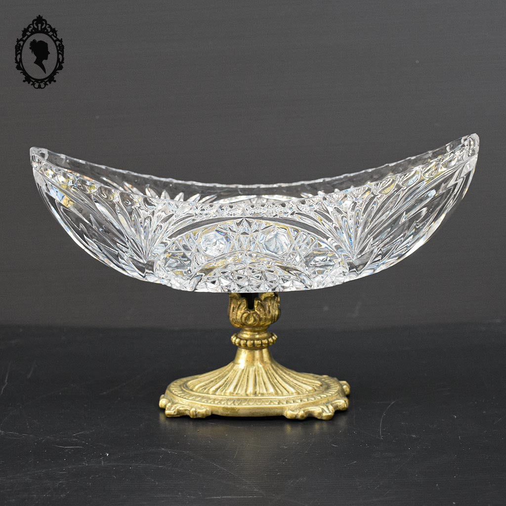 Coupelle sur pied serviteur plat coupe ovale piédouche en cristal et laiton H 15 L 31 cm