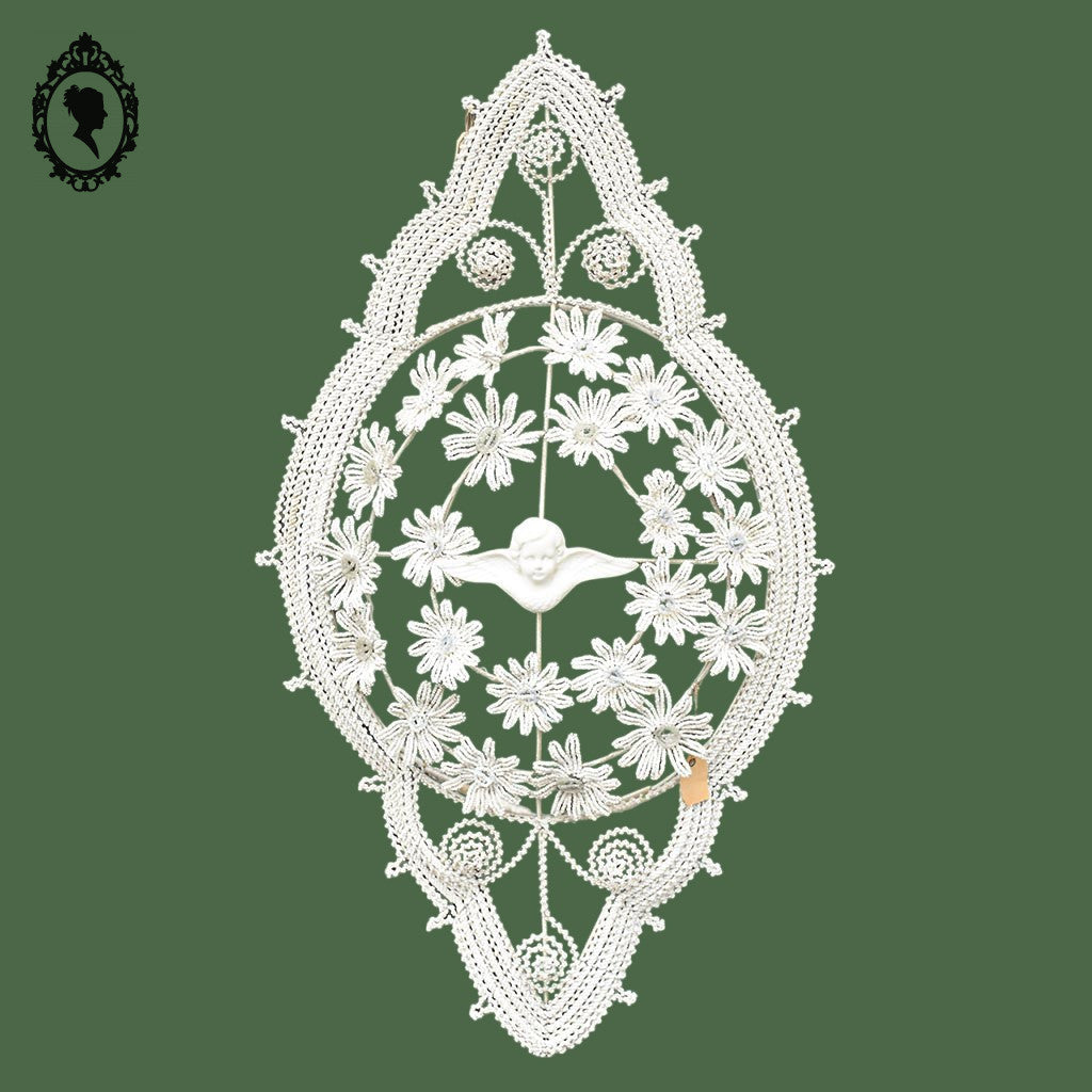 Couronne florale ange perles blanches objet de curiosité mortuaire ancienne 1900 H 76 cm