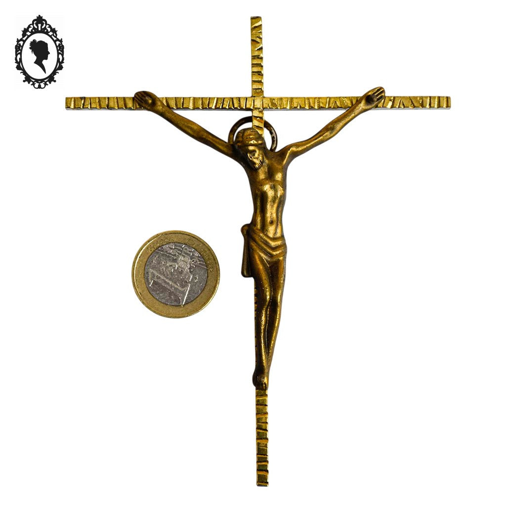 Croix christ crucifix mural en bronze doré signé Mermet vintage