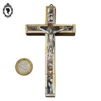 Croix christ crucifix mural en nacre sur bois Jérusalem vintage