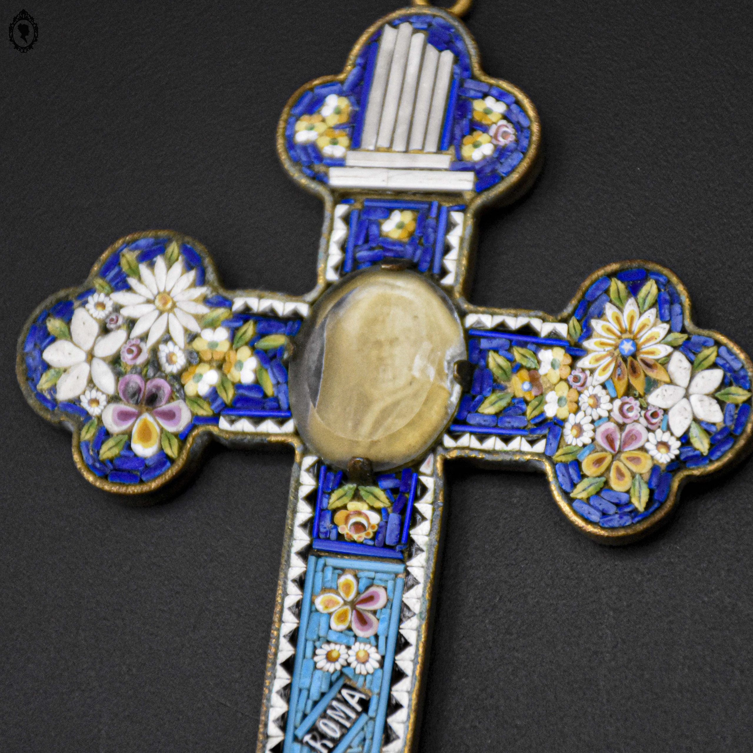 Croix en micro mosaïque de Roma Italienne photo verre H 10,5 cm ancienne