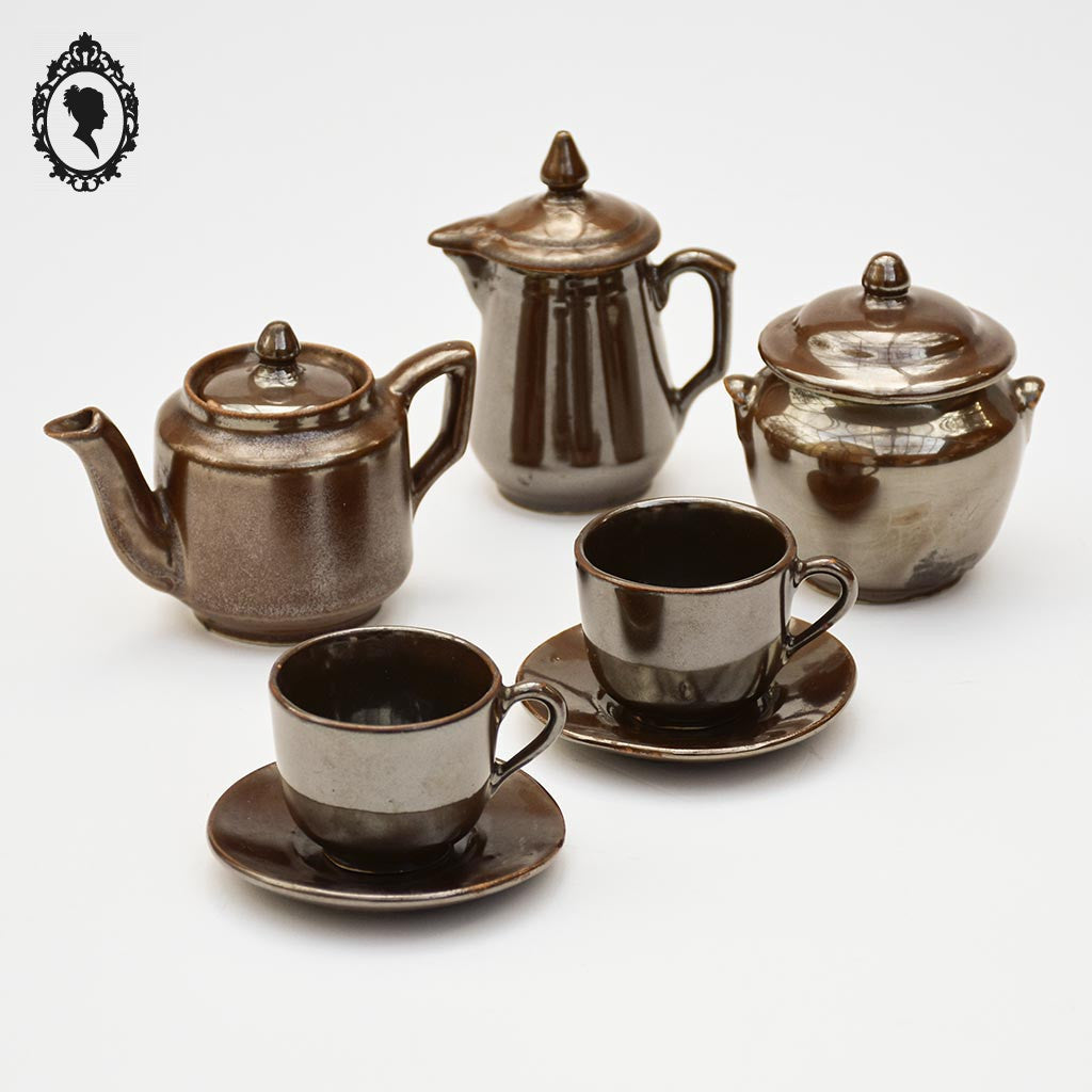 Dinette à café ou thé tasses théière pots en grès marron nacré jouet vintage
