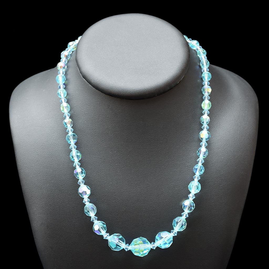Élégant collier en cristal aurore boréale AB bleu en cascade bijou ancien vintage