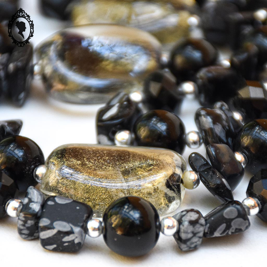Élégant collier perles de verre Murano et pierre obsidienne noire et grise vintage