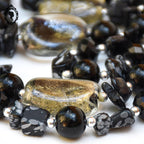 Élégant collier perles de verre Murano et pierre obsidienne noire et grise vintage