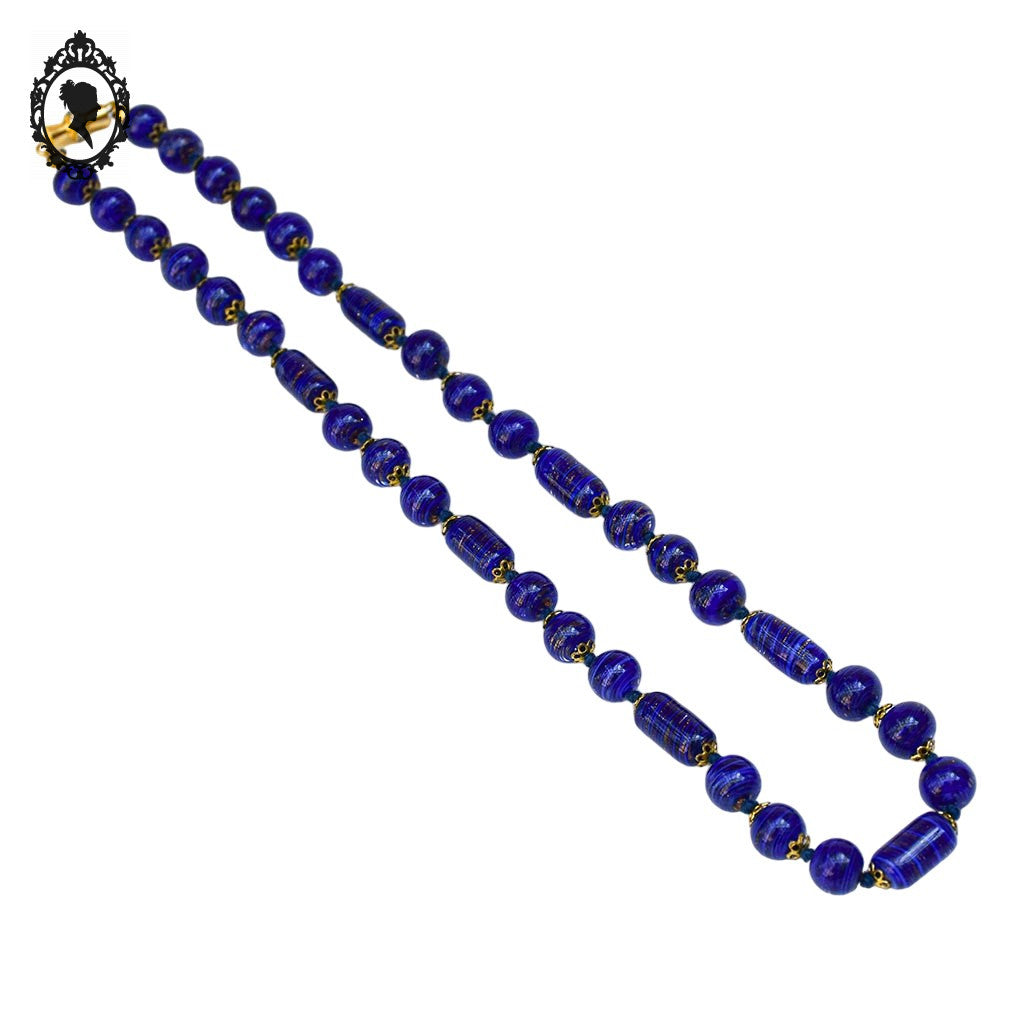Élégant collier perles de verre vénitien Murano bleu cobalt vintage