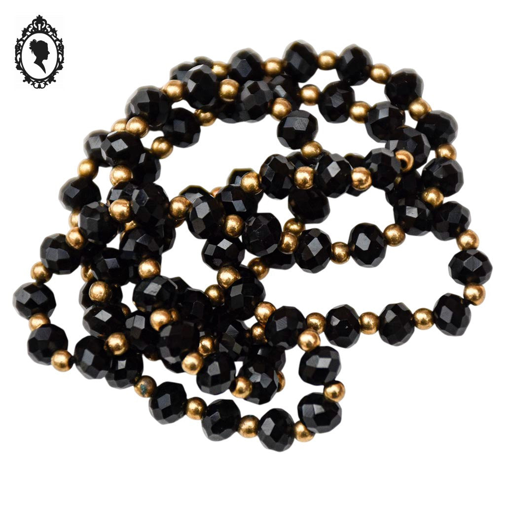 Élégant long collier fin perles de verre facetté noir et doré vintage ancien