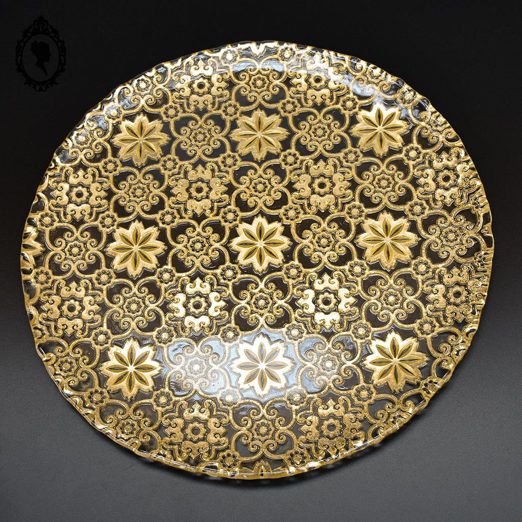 Élégant plat de présentation culinaire rond en verre arabesque or doré