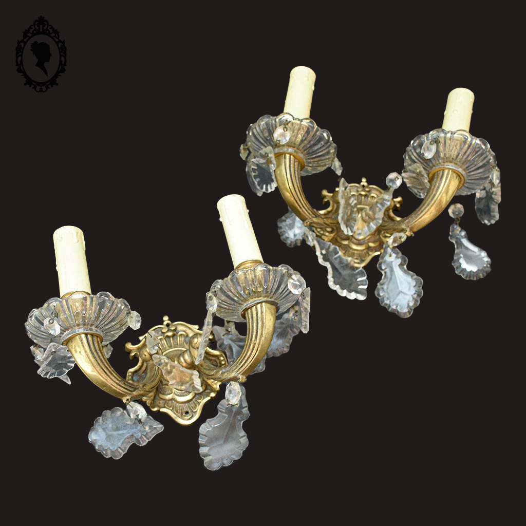 Elégante paire d’appliques en bronze doré pampilles baroque 2 lumières vintage