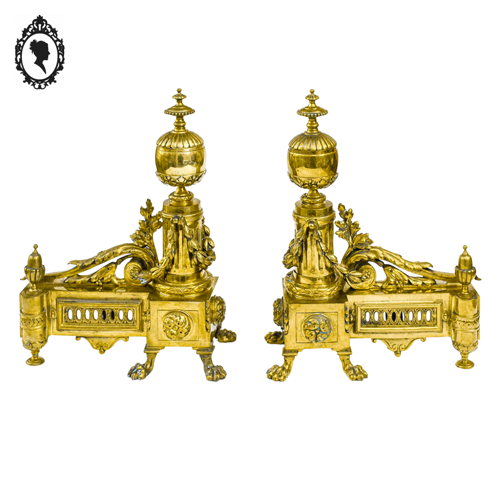 Élégante paire de chenets bronze doré pattes de lion accessoire de cheminée ancien Napoléon 3 XIX ème