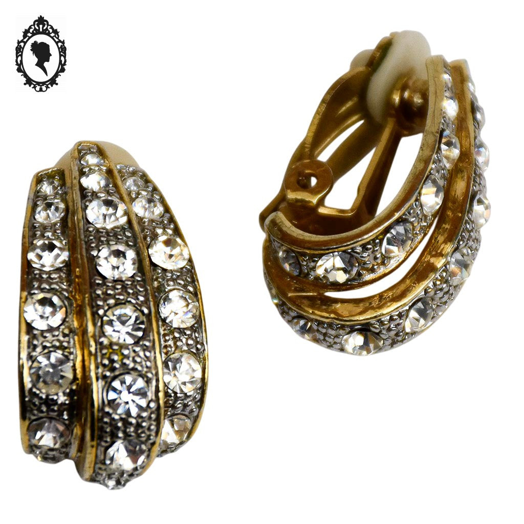 Élégantes boucles d’oreilles clips diamants strass blanc et dorées 3 rangs vintages