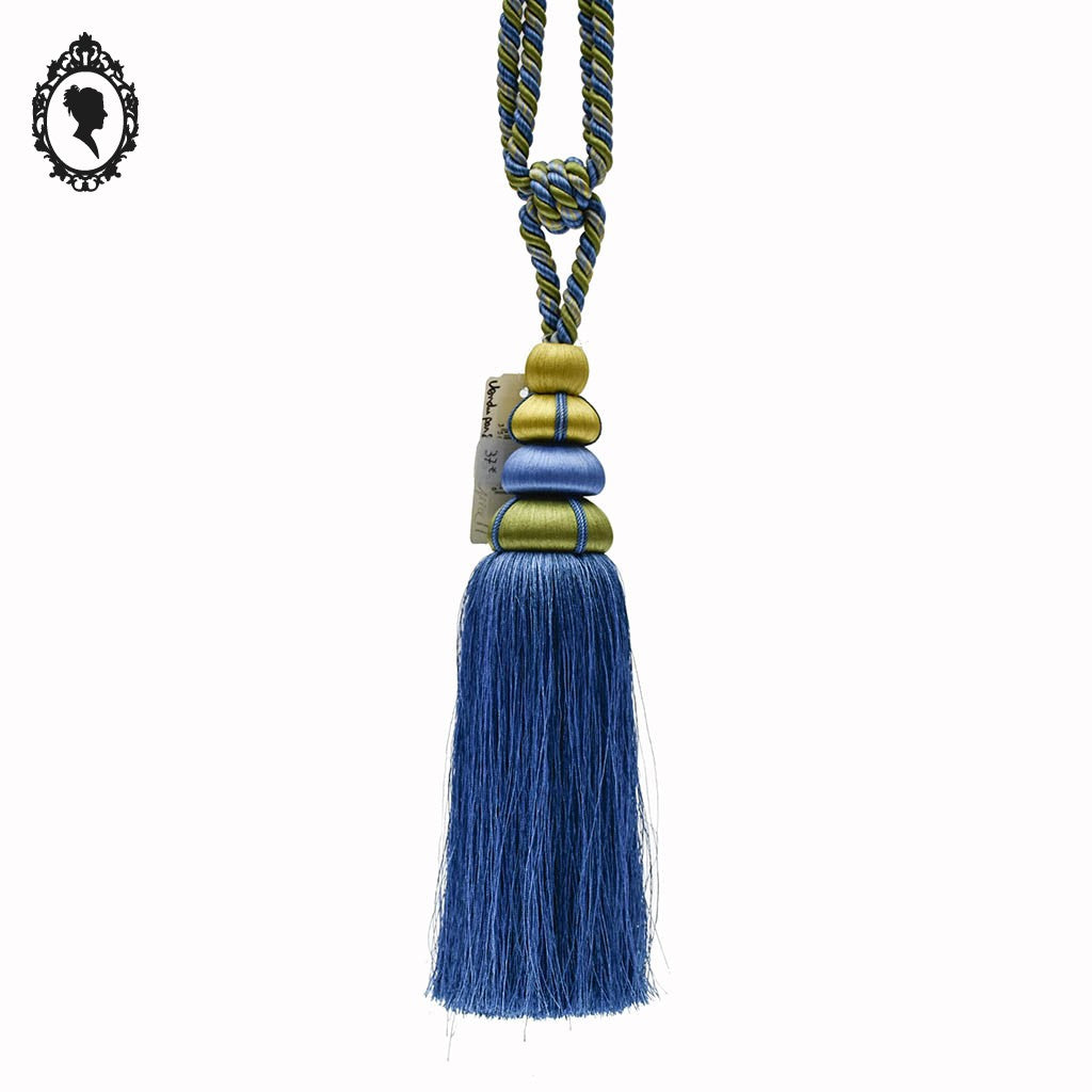 Embrasse gros pompon cordon bleu vert jaune passementerie pour rideau neuf