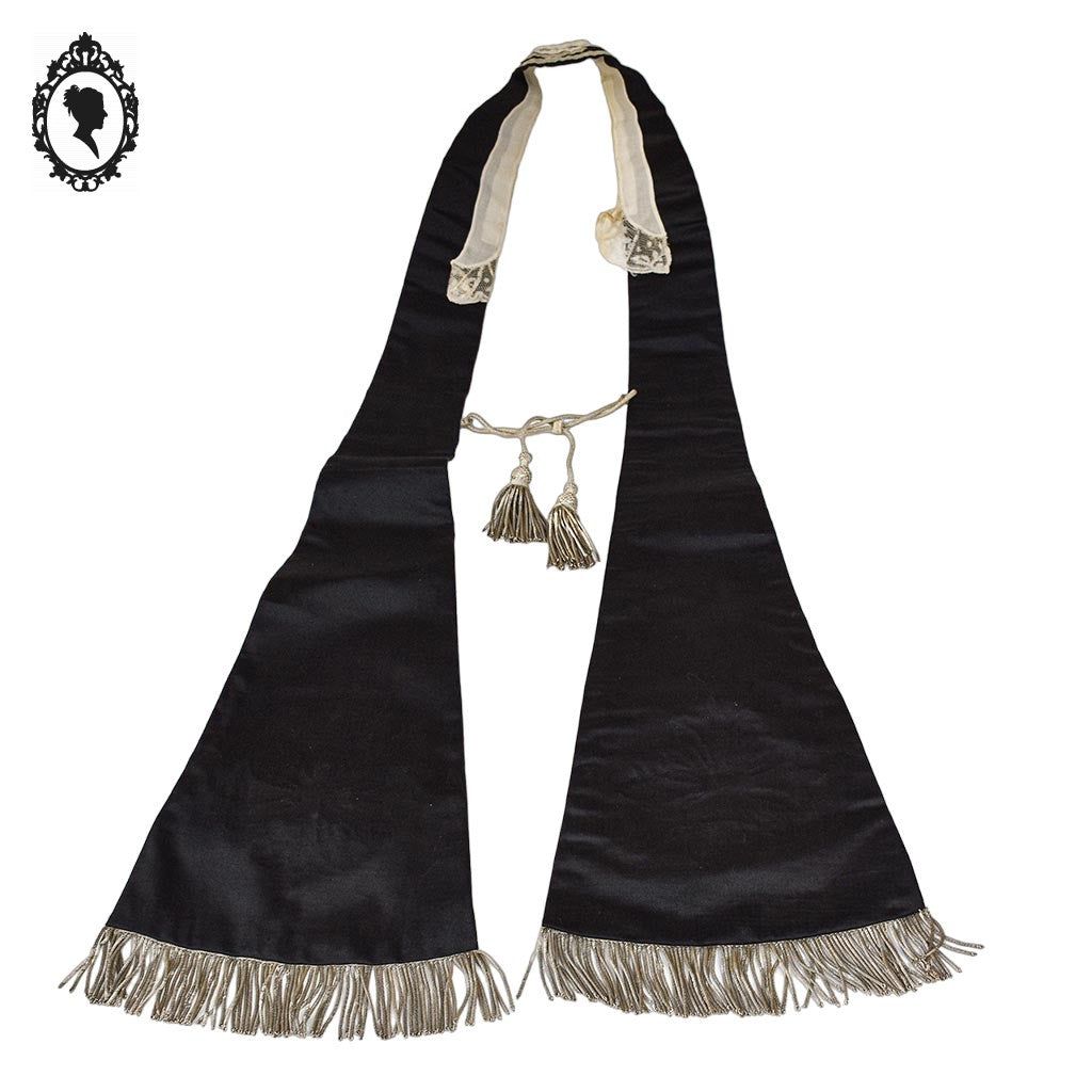 Étole pastorale prêtre Liturgique noir et beige soie broderie pompons fil doré argent ancienne