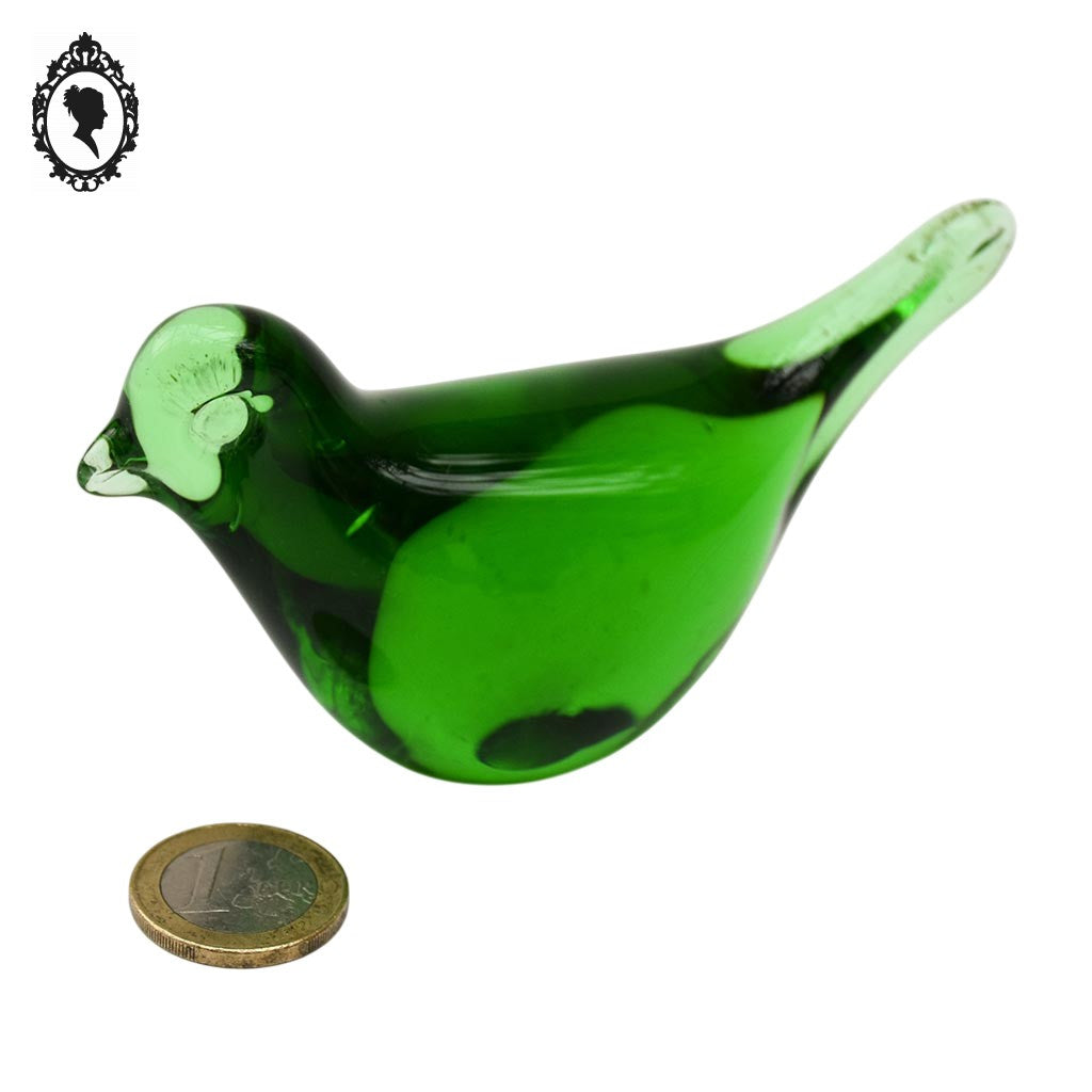 Figurine Oiseau en verre soufflé vert à poser presse papier objet déco de vitrine vintage