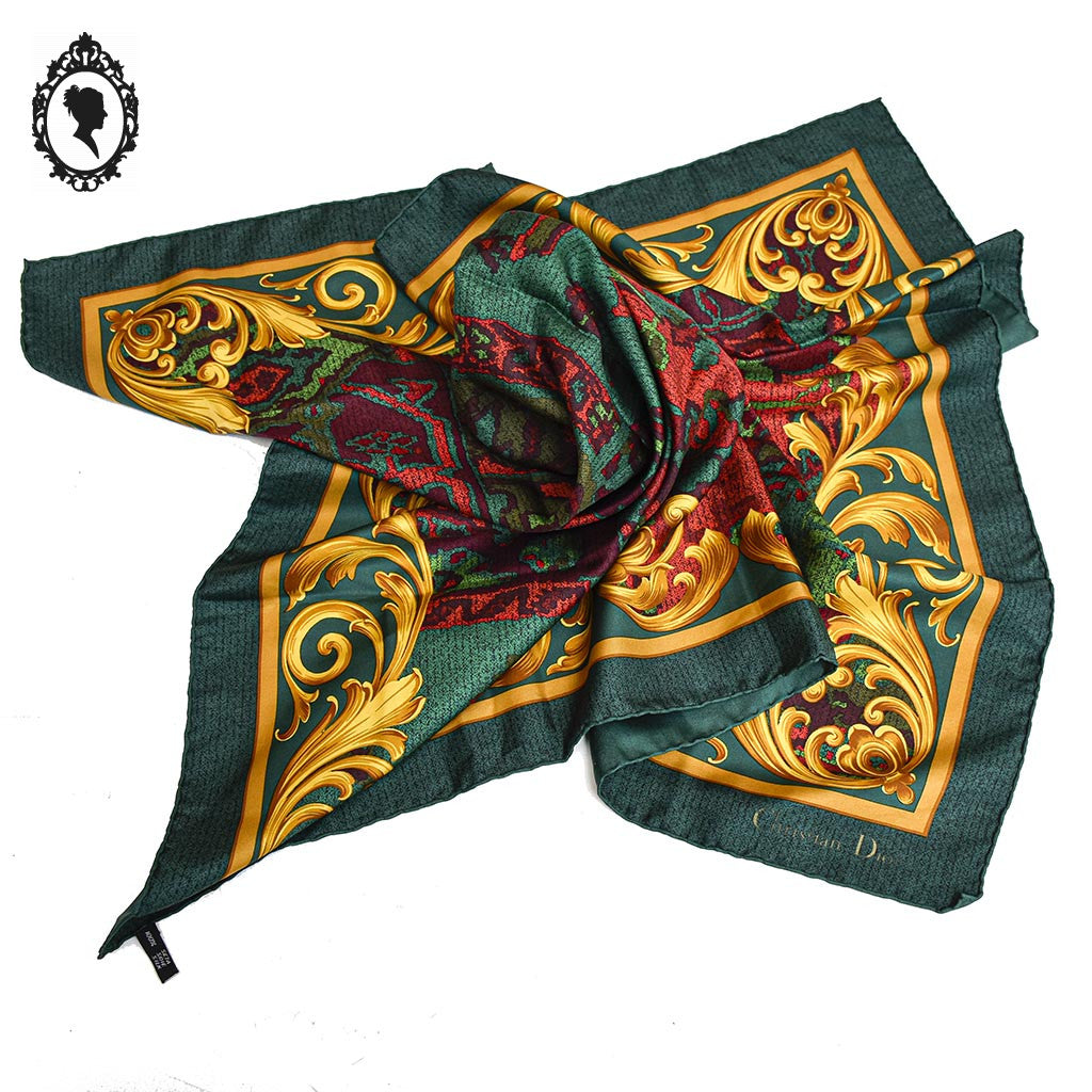 Foulard soie collection Christian Dior CD vert rouge jaune vintage
