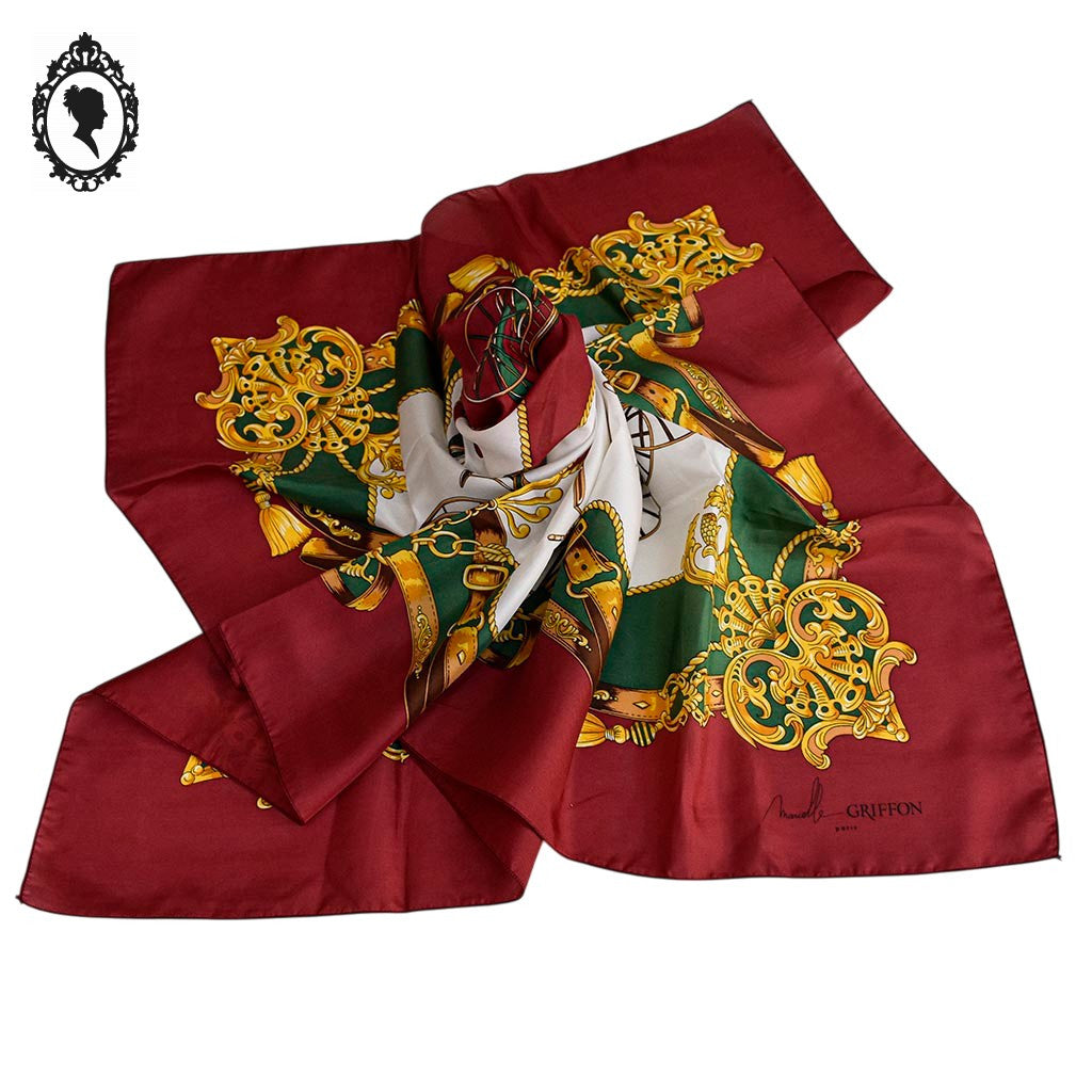 Foulard soie collection Marcelle Griffon voiture ancienne rouge vert blanc jaune vintage