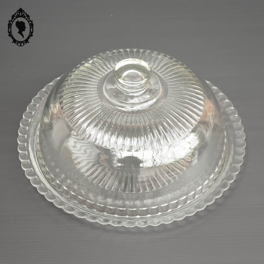 Grande cloche à fromage transparente en verre blanc avec son assiette plateau vintage
